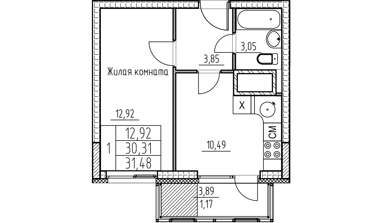 Квартира площадью 31,48